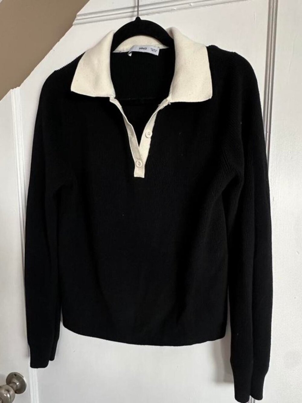 Black Cream Contrast Collar Polo Ribbed Knit Sweater